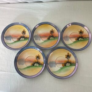 Vintage Set of 5 Hand Painted‎ Sunset Landscape Dessert Plates Made in Japan